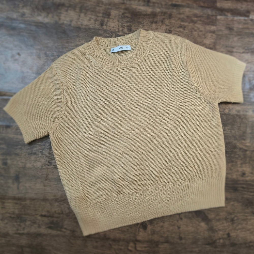 MANGO Short Sleeve Knit Sweater Womens L Tan Beige Crew Neck Ribbed Trim